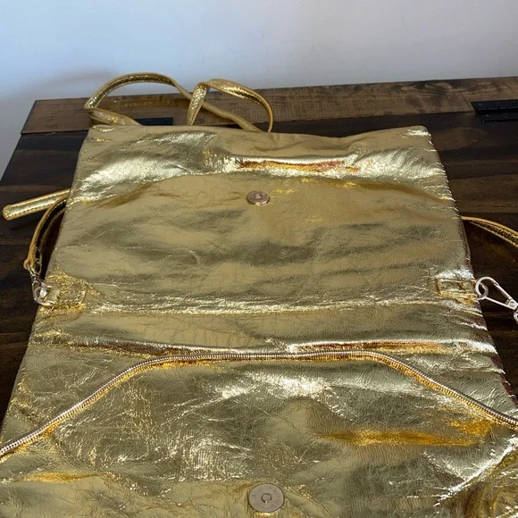Vintage Gold Metallic Fold Over Clutch Bag w Shoulder Strap NEW - Picture 5 of 8